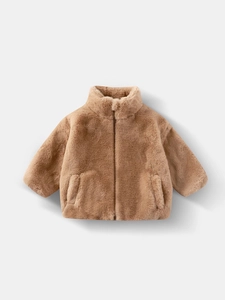 Warm kids faux rabbit fur coat in camel with stand collar and zipper closure