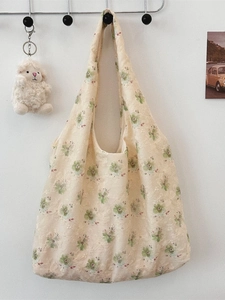 Floral embroidered canvas tote bag with beige lace flower patterns for daily use