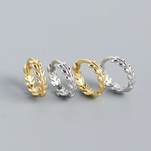 Leaf Pattern Huggie Hoop Earrings 925 Sterling Silver Minimalist Natural Style For Women