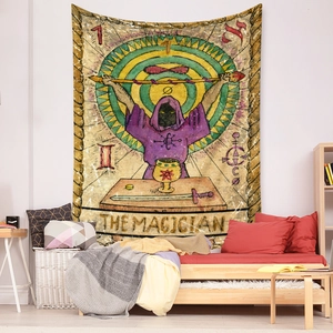 Detail of The Magician tarot tapestry showing bohemian wall decor in a bedroom setting