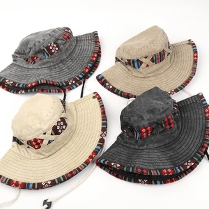Ethnic style cotton sun hat with bohemian embroidery and adjustable windproof strap