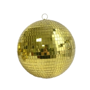 Golden mirror disco ball with reflective tiles and hanging loop for holiday party decor