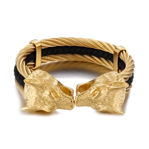 Mens gold wolf head cable bracelet with black woven lining and punk style finish