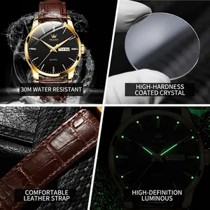 Montre OLEVS quartz pour homme en or avec bracelet en cuir brun et double calendrier