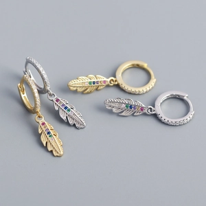 Orecchini a Cerchio Huggie in Argento Sterling S925 Pendente a Piuma Lusso Francese Zirconia Colorata Intarsiata Gioielli Donna