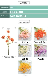 Detail view of artificial silk daisy dimensions and color options for home decor