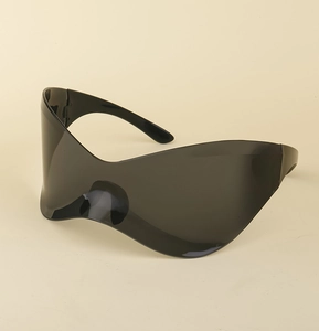 Close-up of black Y2K oversized rimless sunglasses with sleek streamlined temples