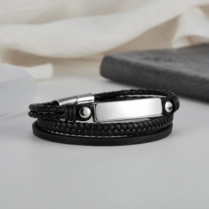 Vintage multilayer black leather woven bracelet with blank silver metal plaque and magnetic clasp