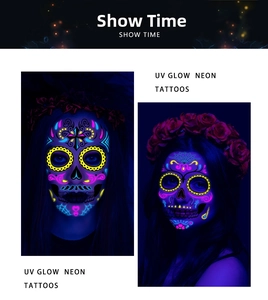 Detail showing UV glow neon face tattoos with colorful Day of the Dead sugar skull designs