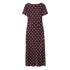 Elegant burgundy red polka dot dress with waist tie and short sleeves in retro style