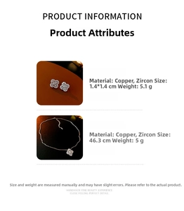 Detail view of zircon four-leaf clover jewelry set with copper base and precise dimensions