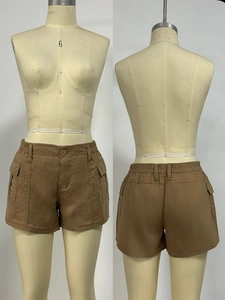 Front and back view of brown cargo shorts featuring elastic waist and utility pockets