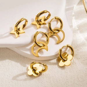 Minimalist stainless steel gold plated hoop earrings with star moon and flower charms