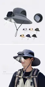 Detail of solar fan sun hat featuring wide brim mesh vents and adjustable chin strap