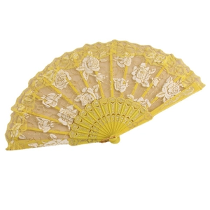 Éventail pliant en dentelle jaune style chinois avec motif roses blanches et cadre