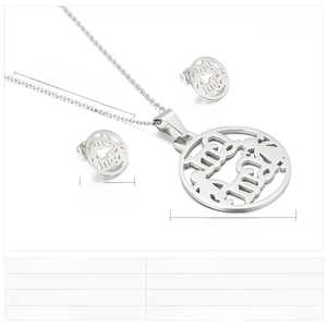 Detailed view of stainless steel circle pendant necklace set with size measurements