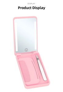 Pink portable LED makeup case detail with mirror, mini comb, and tweezers set