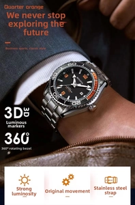 Close-up of a luxury steel watch featuring a black dial and orange rotating diving bezel