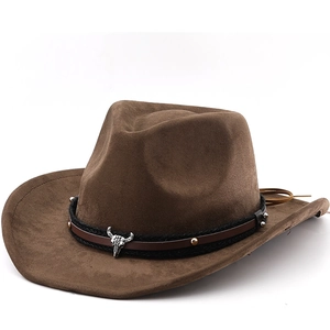 Western Cowboy Hat Faux Suede Wide Brim With Bull Skull Metal Decor Ethnic Retro Fedora For Men Women