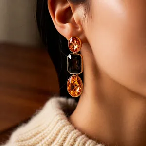 Vintage gold geometric earring set with amber and orange crystal stones for women