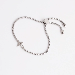 Polished silver adjustable box chain bracelet with an infinity charm and tapered ends