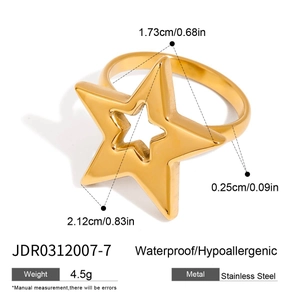 Detail view of gold hollow star ring with exact measurements and stainless steel material