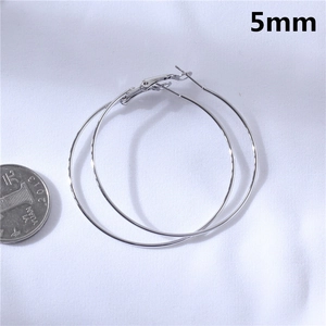 Detailed view of 5mm thick silver hoop earrings with a coin for size reference
