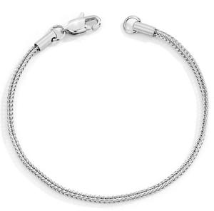 Detailed view of the woven silver stainless steel chain link with a lobster clasp