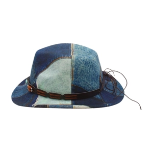 Kids vintage patchwork denim fedora hat with brown leather band and beaded accents