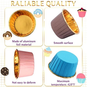 Colorful heat-resistant aluminum foil cupcake liners in gold, blue, and pink packs