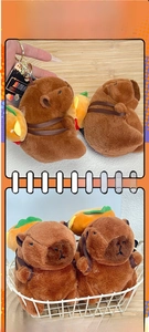 Detail of plush brown Capybara keychain with a yellow burger backpack accessory
