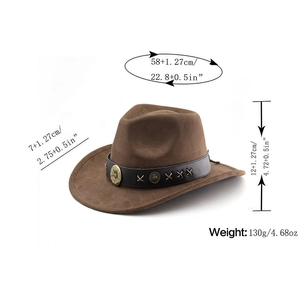 Dimensions détaillées du chapeau de cowboy en daim marron avec sangle en cuir ornée