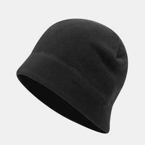 Detail of black fleece beanie with neat flat stitching and soft thermal texture