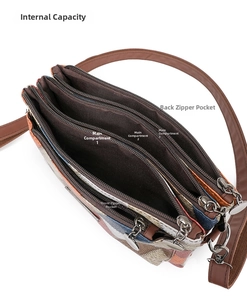 Detailed top view of multi-layer crossbody bag showing five separate zippered compartments