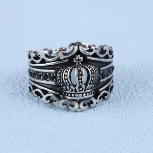 Crown Ring Stainless Steel Retro Gothic Cross Carved Black Zircon Inlaid Vintage Punk Jewelry For Men Women