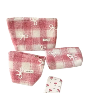 3-piece pink plaid makeup bag set with bow embroidery and soft plush fabric