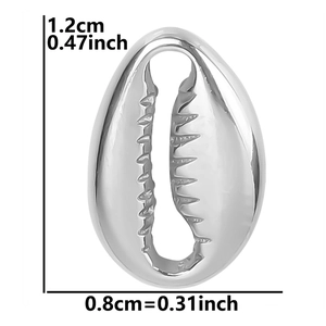 Detailed view of silver shell charm pendant with specific height and width dimensions