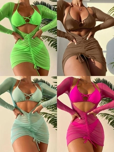 Detailed four-color collage of three-piece bikini sets with matching mesh cover-up skirts