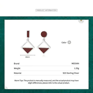 Asymmetric S925 silver earrings with deep red enamel, geometric 13mm stud set for women