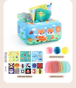 Educational baby tissue box toy set with plush box, crinkle papers and colorful scarves