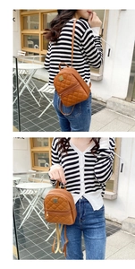 Close-up of brown faux leather mini backpack with classic diamond quilted pattern and straps