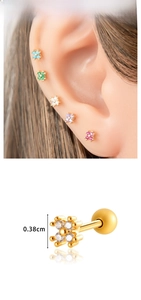 Macro detail of 0.38cm colorful zircon flower stud earring with screw back