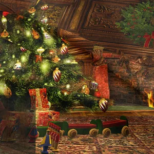 Detail of Christmas tapestry featuring nutcracker soldiers and a festive fireplace background