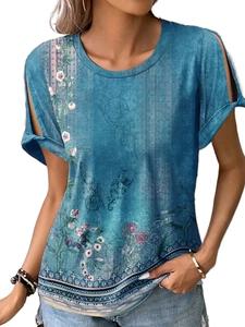 Detail of blue summer T-shirt with floral print and hollow-out lace-up sleeve design