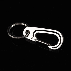 Polished 304 stainless steel keychain with black decorative lines on black background