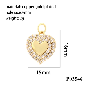 Detail view of heart-shaped 18K gold plated copper pendant with zircon and measurements