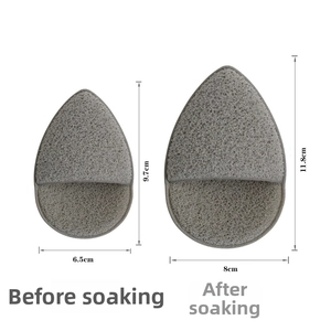 Detailed size comparison of teardrop heart face sponge showing dry and wet expansion