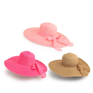 Wide brim straw sun hats with elegant ribbon bows in pink, rose red and khaki colors