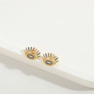 Luxurious gold Evil Eye stud earrings with vibrant multicolored zircon inlay detail