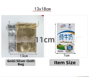 Detailed size comparison of 13x18cm gold and silver metallic drawstring gift pouches